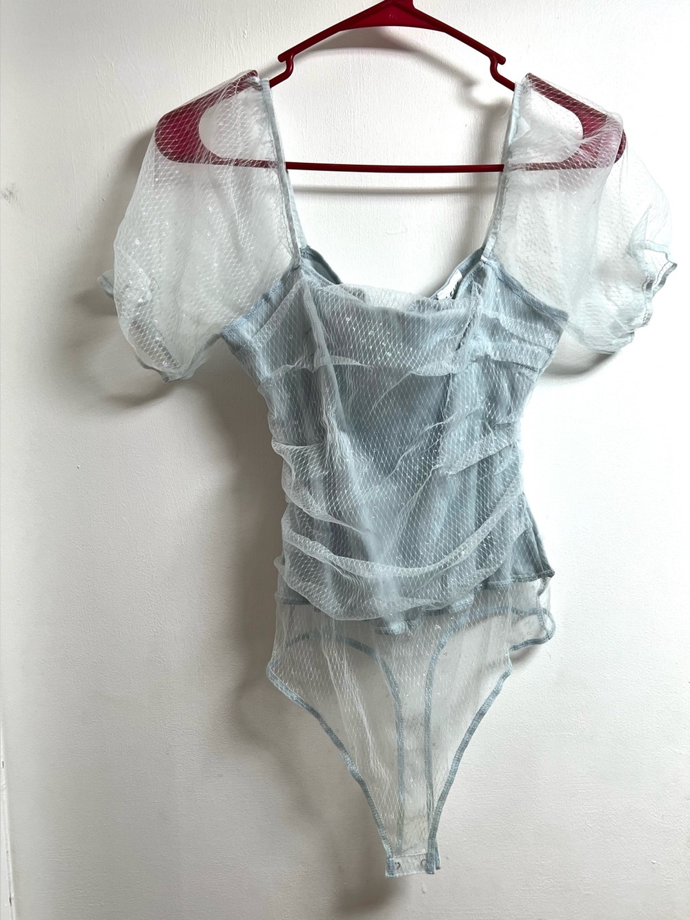 Le Lia Light Blue Stary Mesh Puff-Sleeve Bodysuit